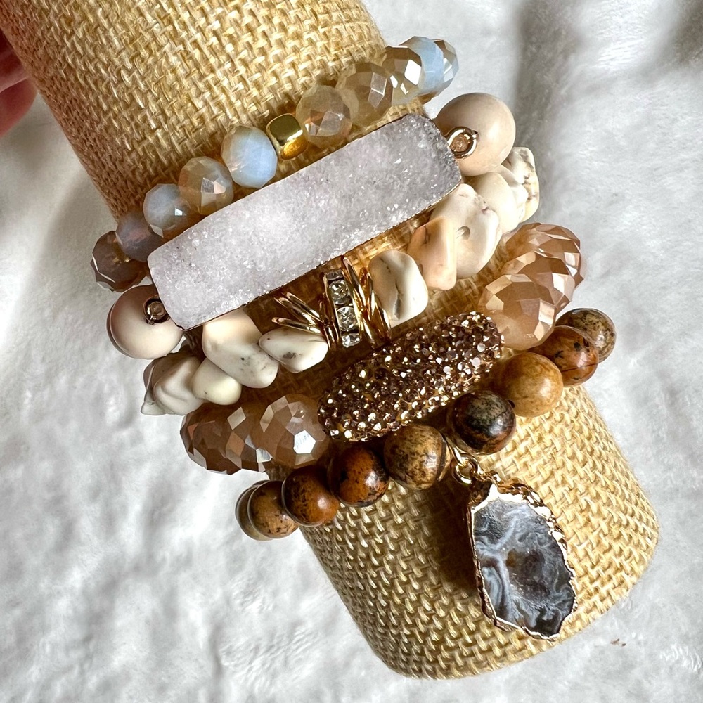5 Bracelet Stack! Brecciated Jasper Druzy Solar Agate Mala Bead Set - Picture 4 of 6